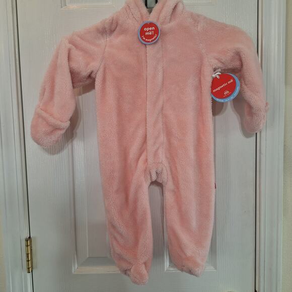 New Magnetic Me Pink Minky Pram Bear Hooded Winter Baby Footie Suit 6-9 Months - Picture 2 of 7